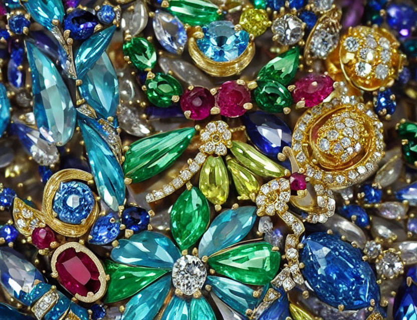 Assorted colorful gemstone jewelry with gold accents