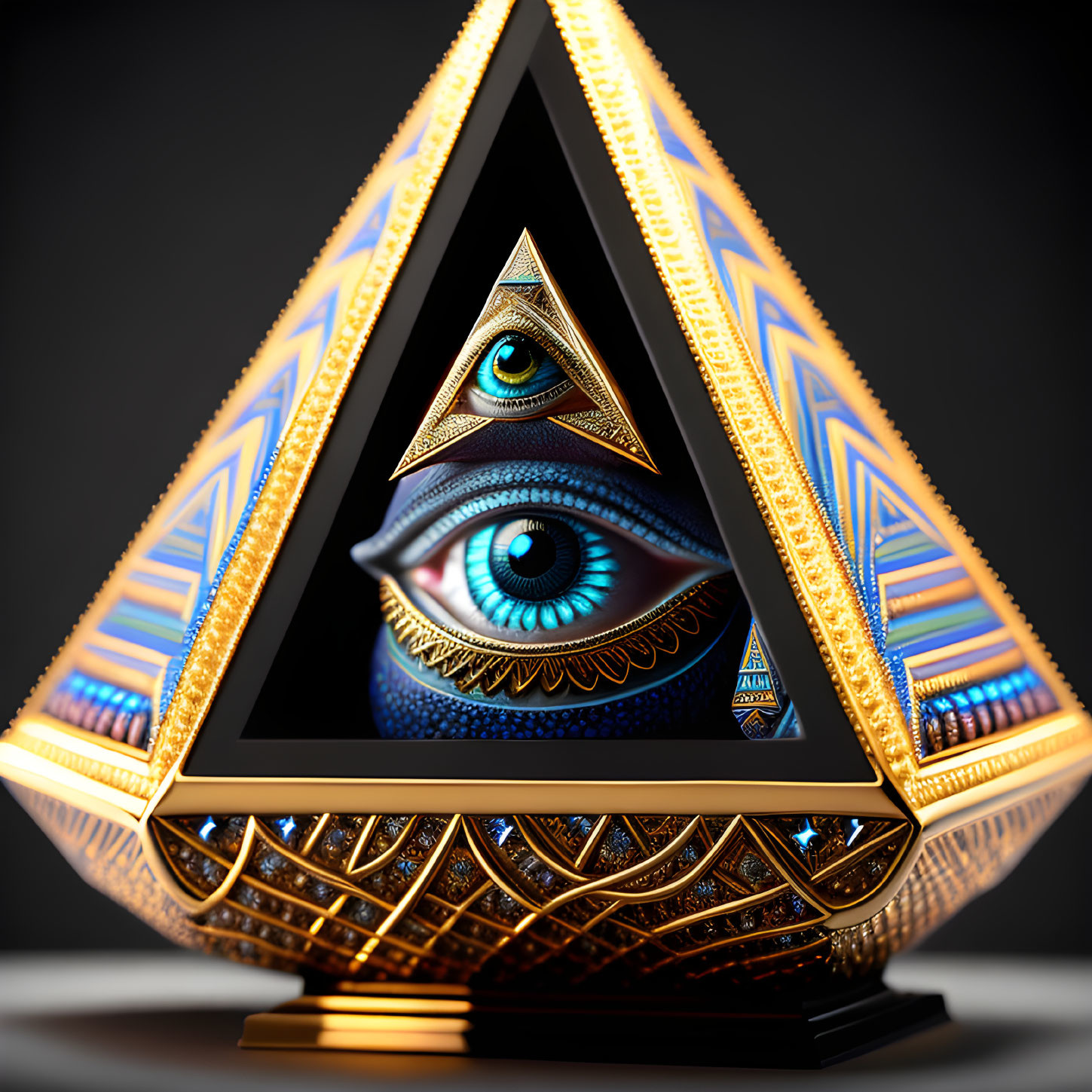 Surreal eye design in ornate triangular frame with intricate details
