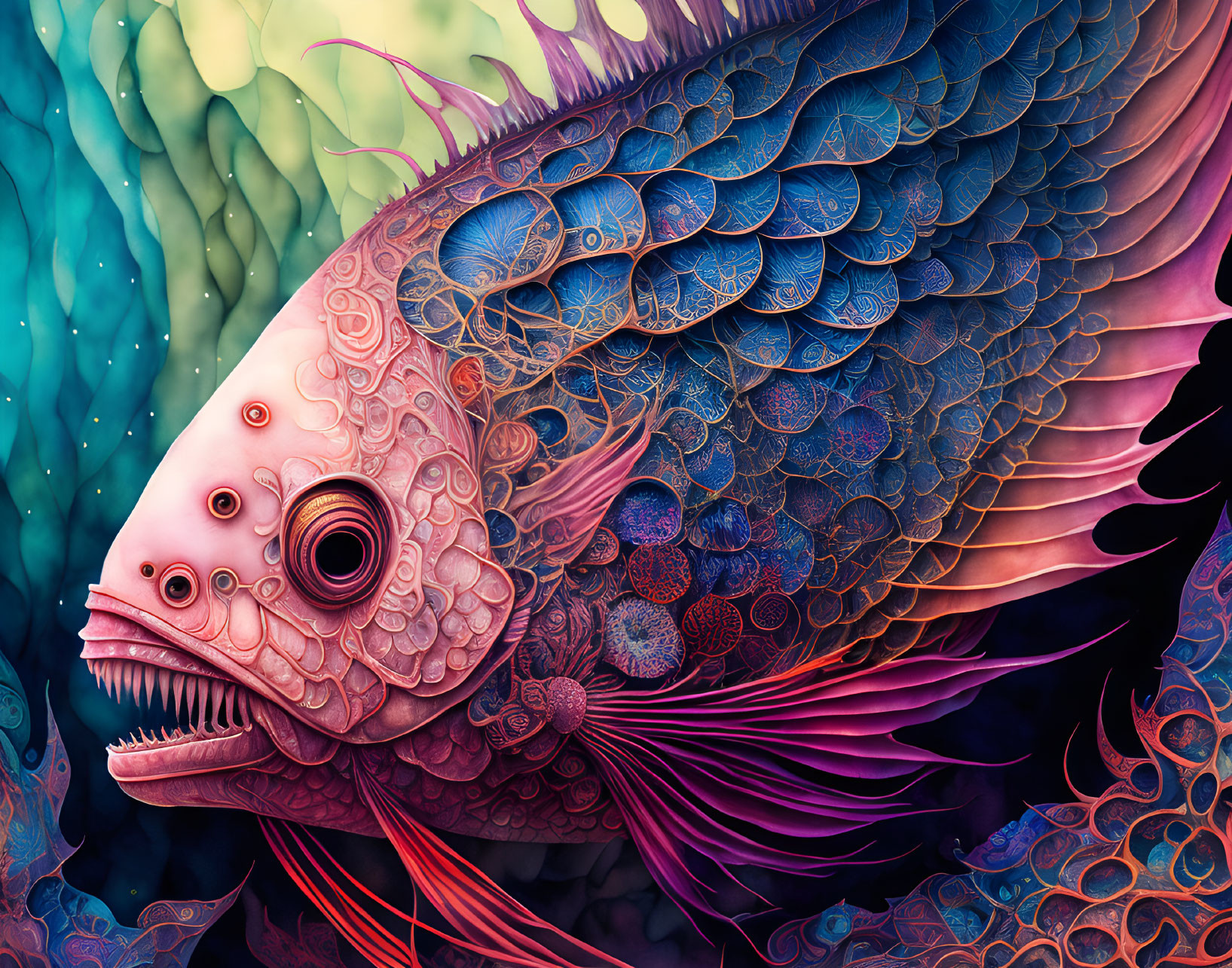 Colorful Fantastical Fish Illustration with Detailed Scales on Dark Background