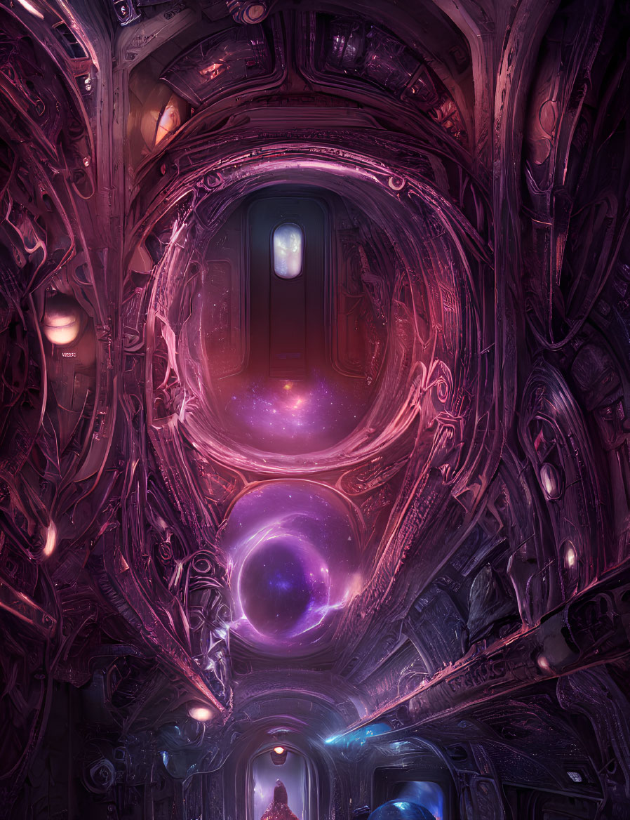 Futuristic corridor with glowing pink and purple hues and metallic structures