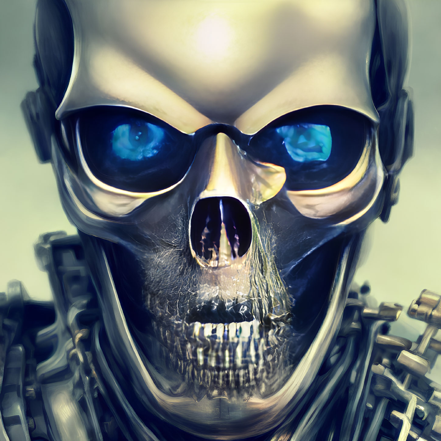Detailed illustration of futuristic robotic skull with intense blue eyes and metallic bones