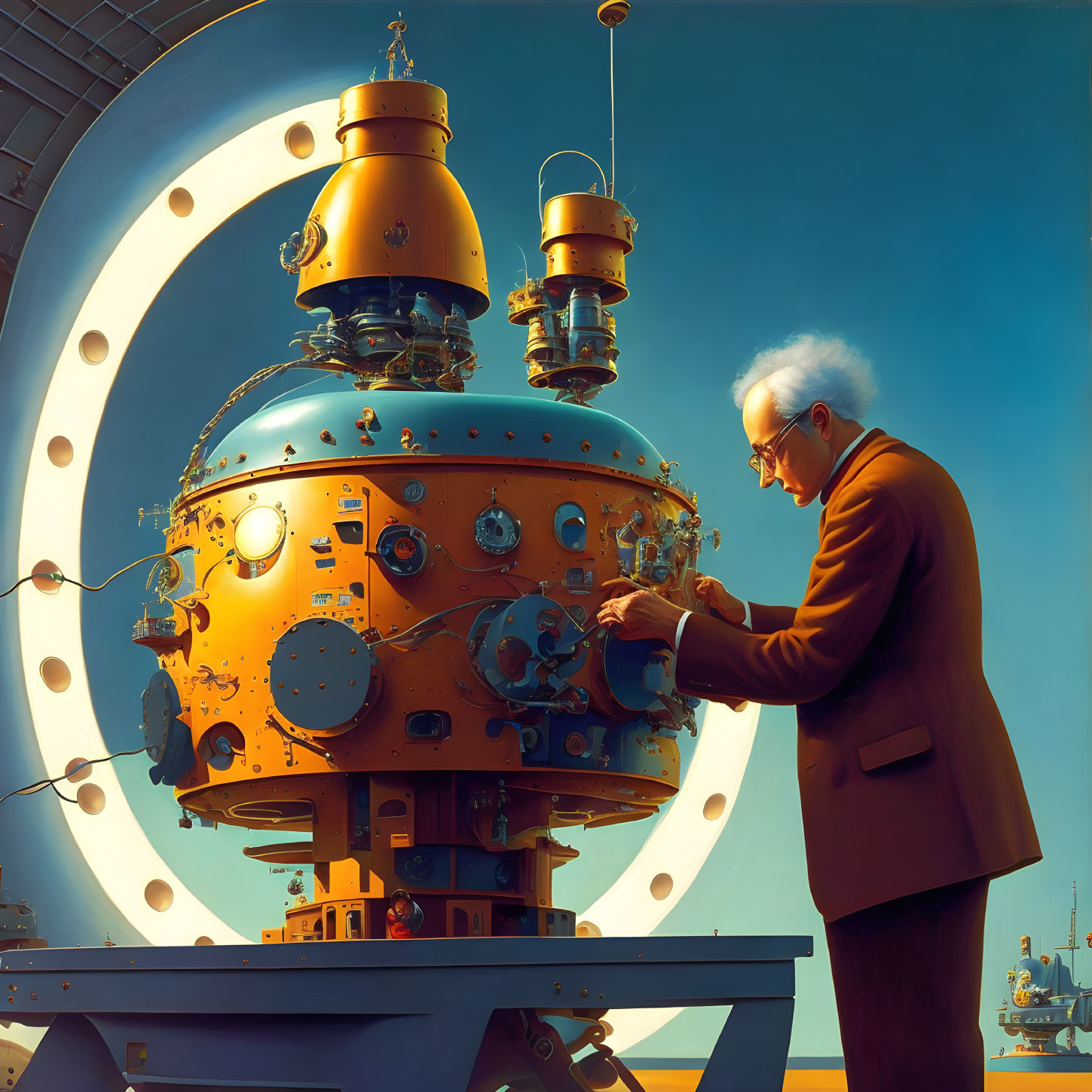 White-haired man adjusts knobs on spherical retro-futuristic machine with pipes and gauges in warm light
