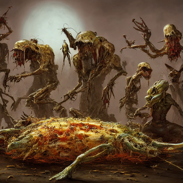 Grotesque zombie-like creatures around remains in eerie moonlight