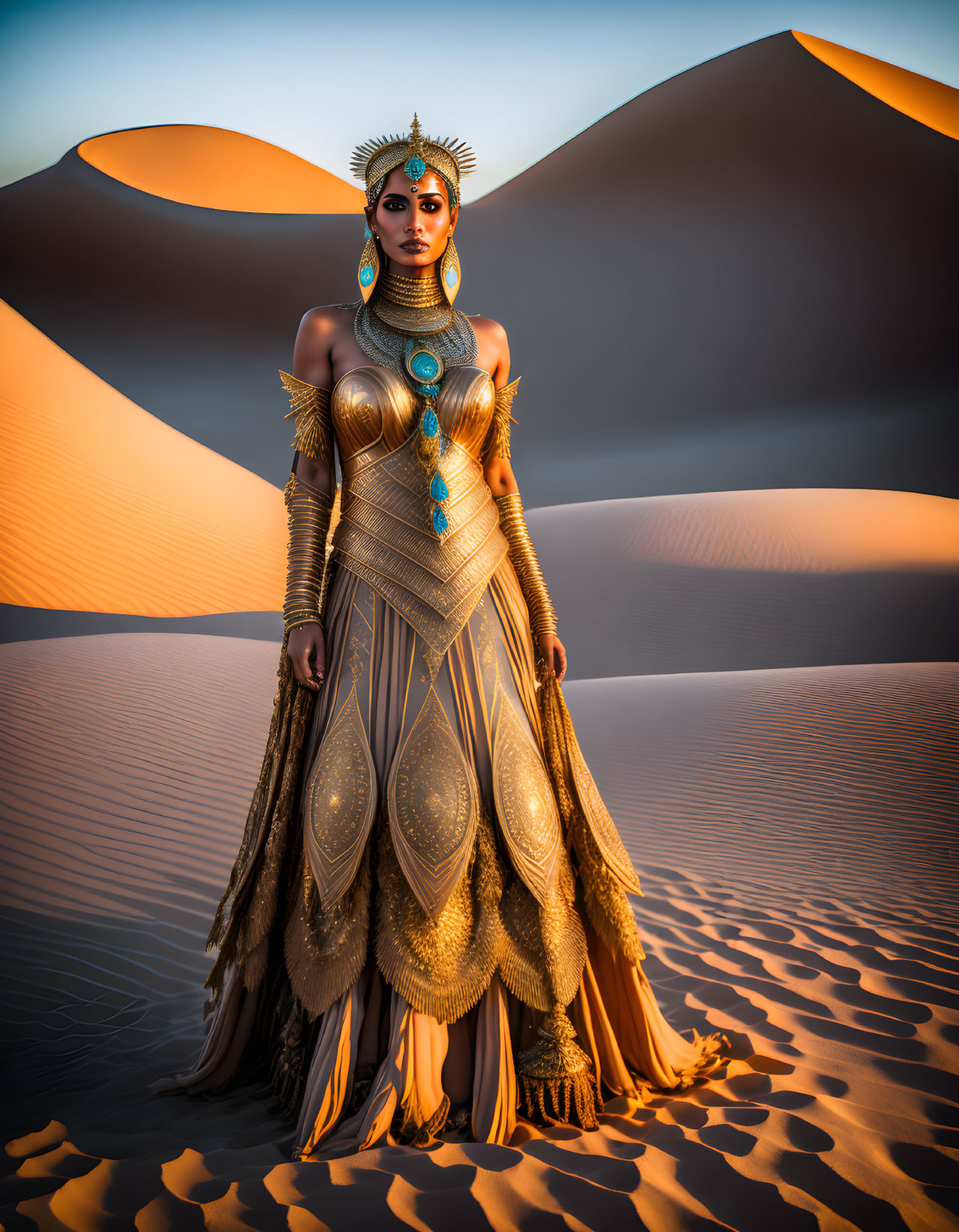 Regal figure in golden attire among sand dunes under warm light