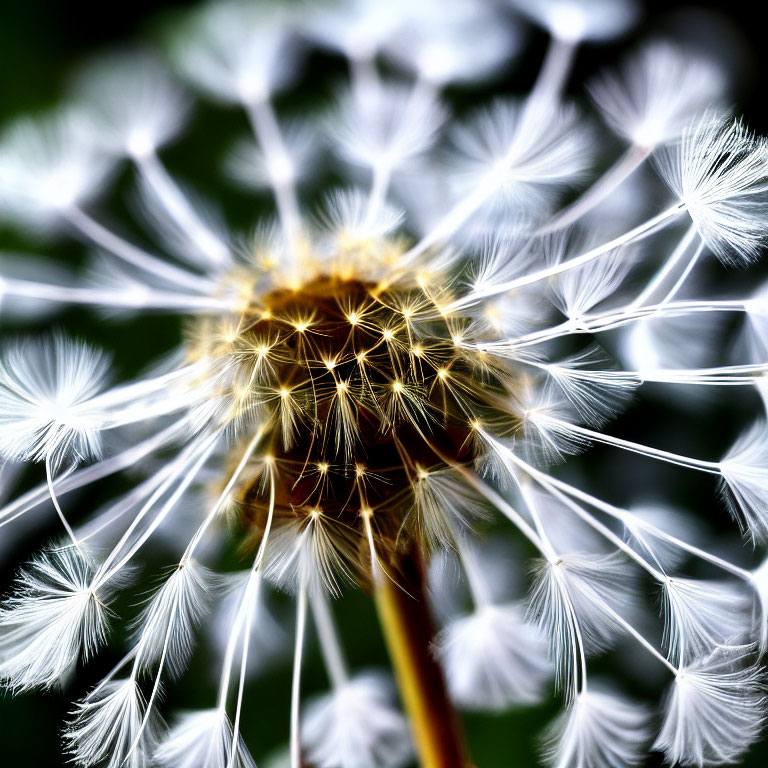Detailed Close-up of Dandelion Seed Head with White Seeds and Thin Filaments on Blurred Green
