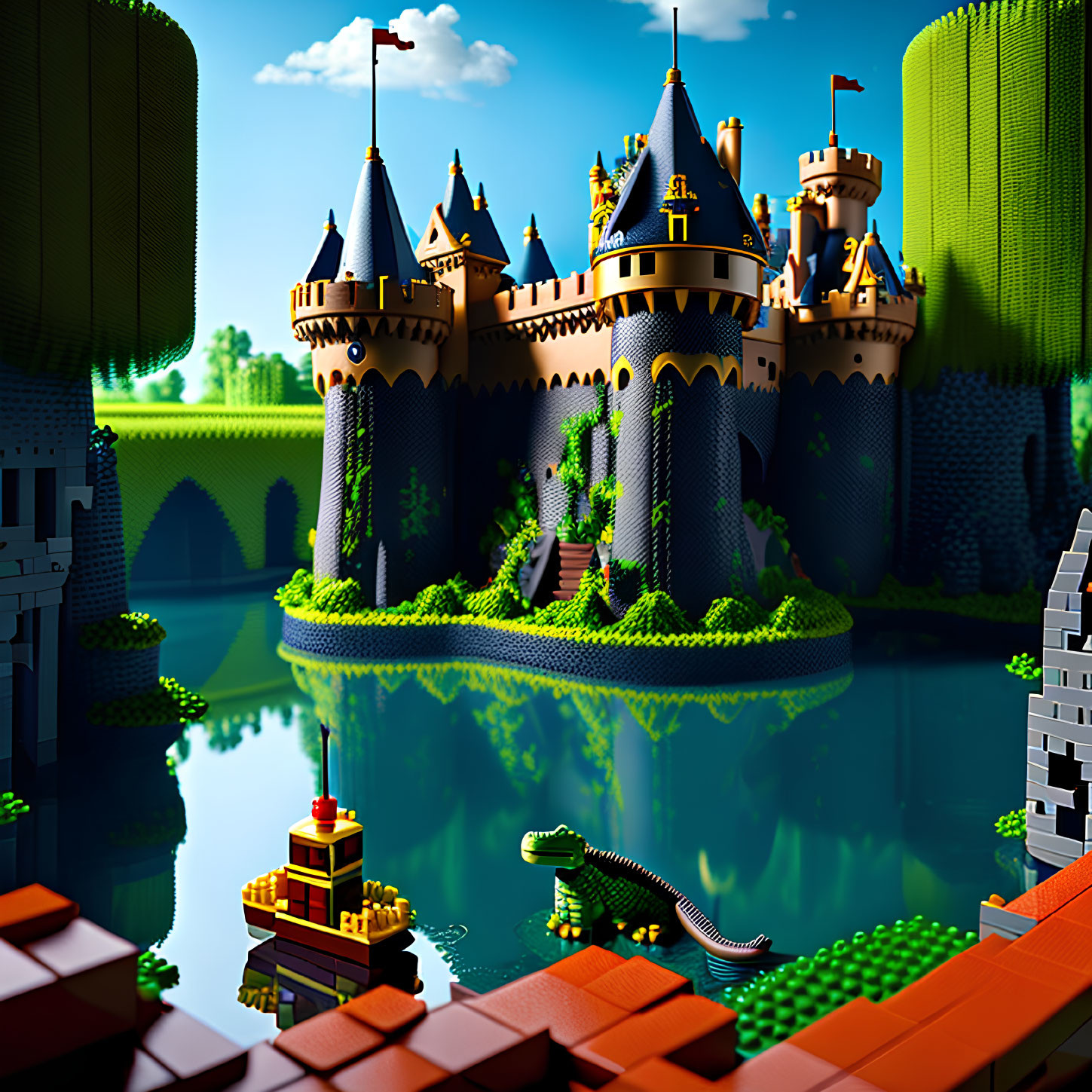 Toy brick-built castle with turrets, crocodile, boat, water, blue sky, and green