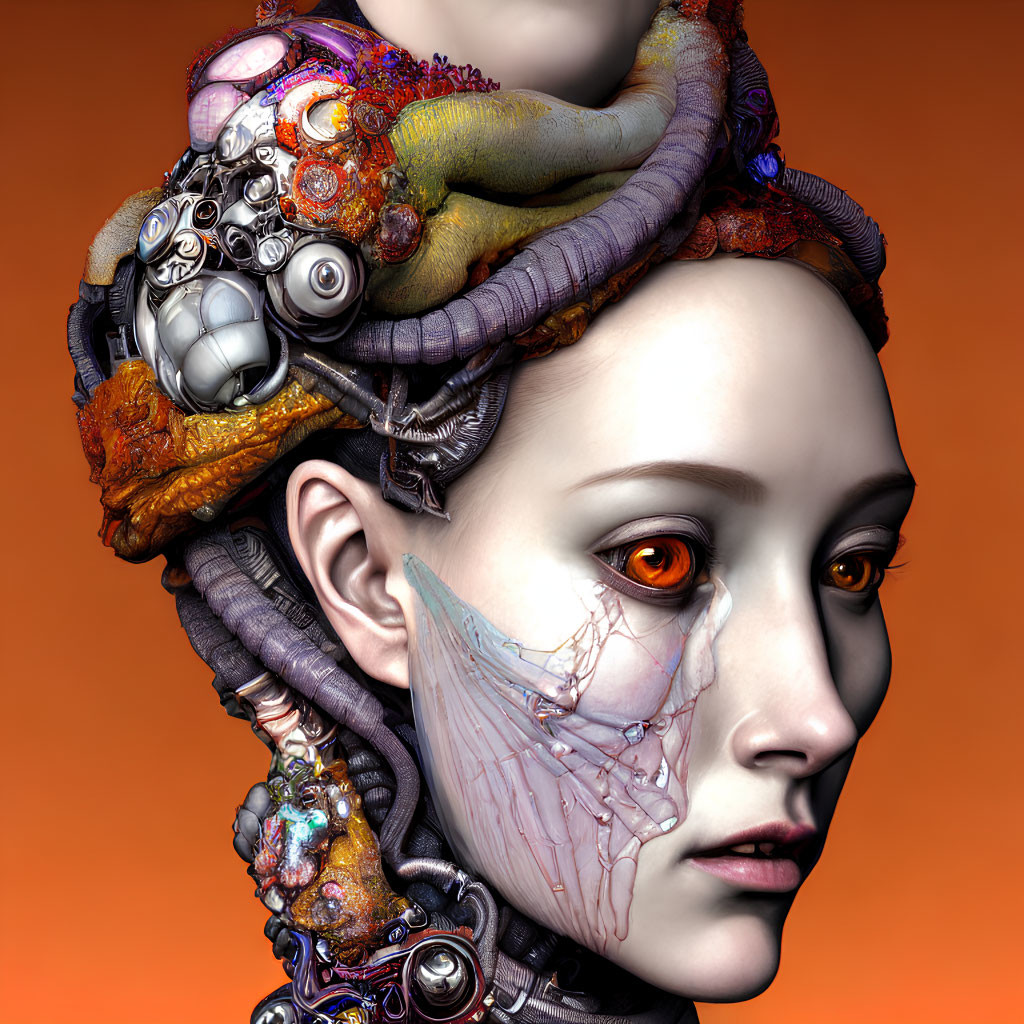 Surreal portrait of a cyborg woman with mechanical parts and vibrant organic textures, featuring a glowing