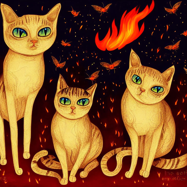 Three stylized cats with large eyes in fiery backdrop.