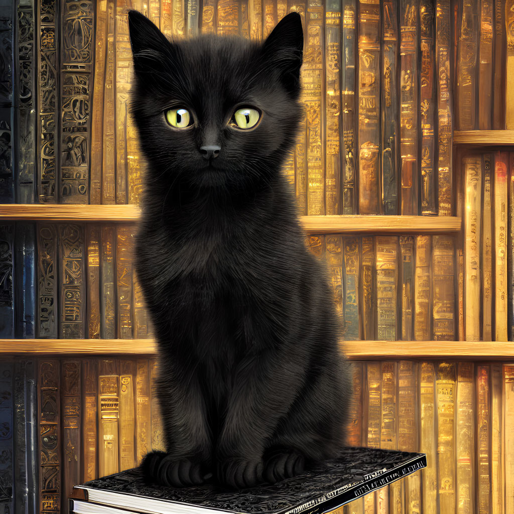 Black Cat with Green Eyes Sitting on Bookshelf with Golden Spines