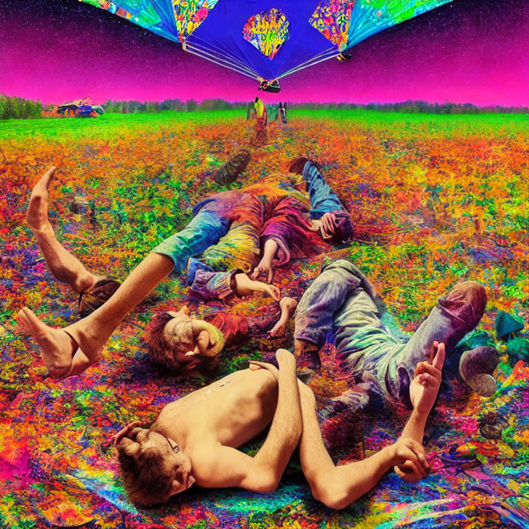 Vibrant Psychedelic Landscape with People in Flower Field
