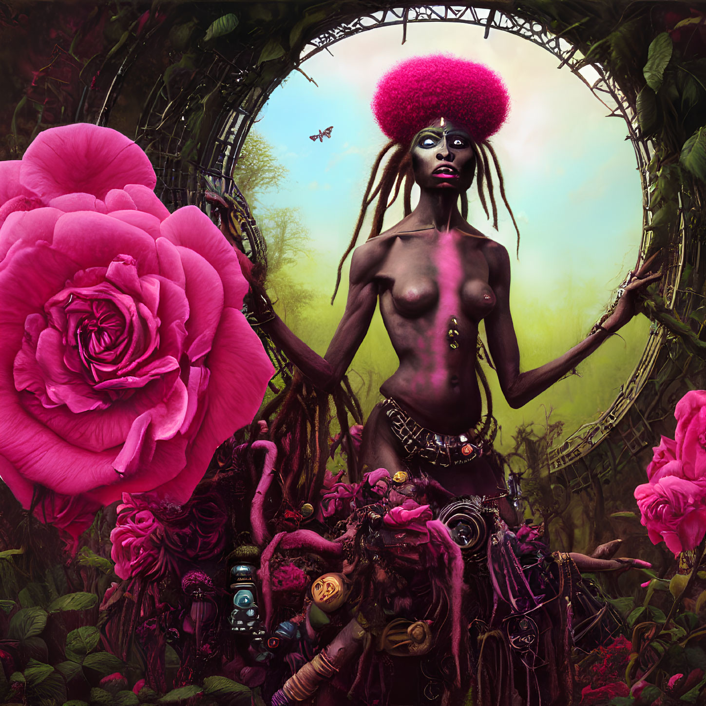 Vibrant red afro woman in surreal floral landscape