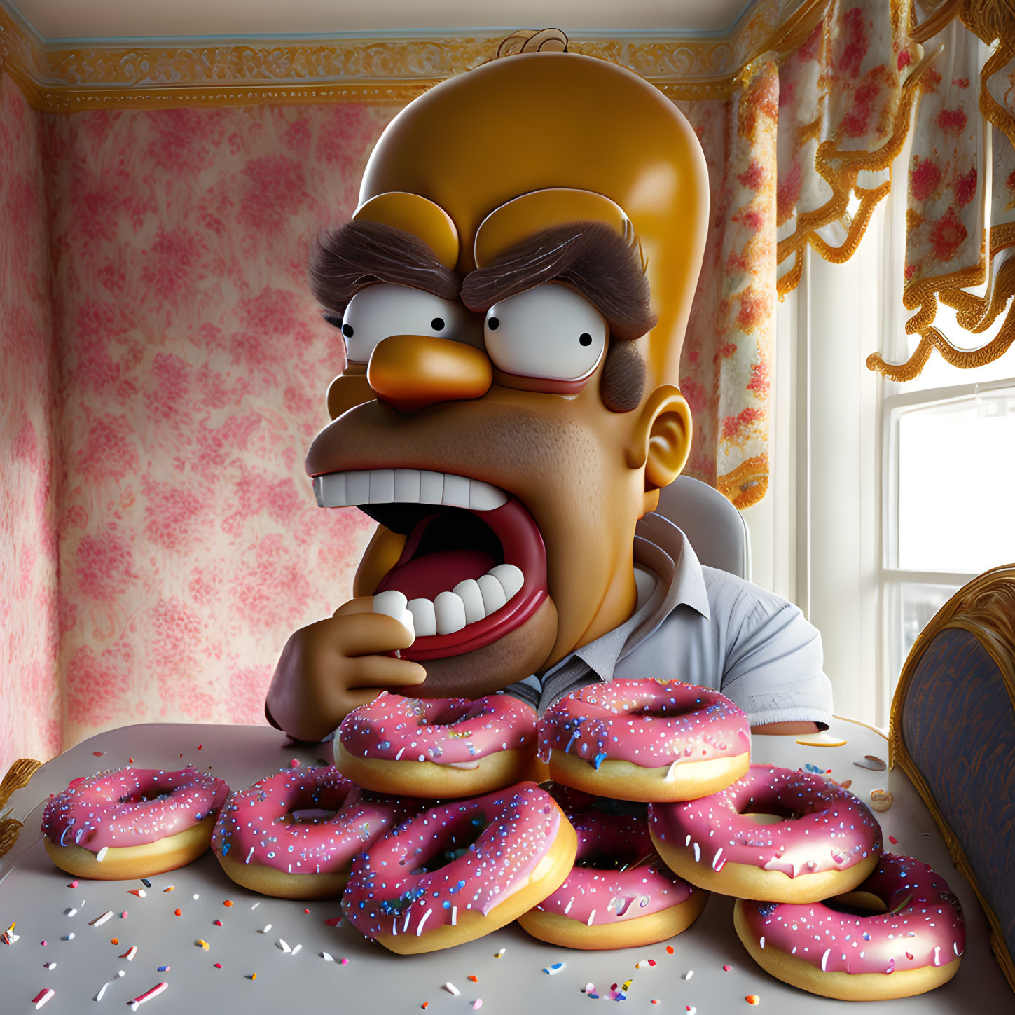 Angry animated character eyeing pink-frosted donuts on ornate table