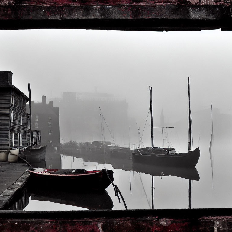 Misty waterfront with boats near wooden dock and buildings in foggy background