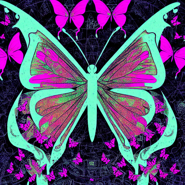 Colorful Digital Artwork: Large Cyan Butterfly with Pink Butterflies on Textured Background