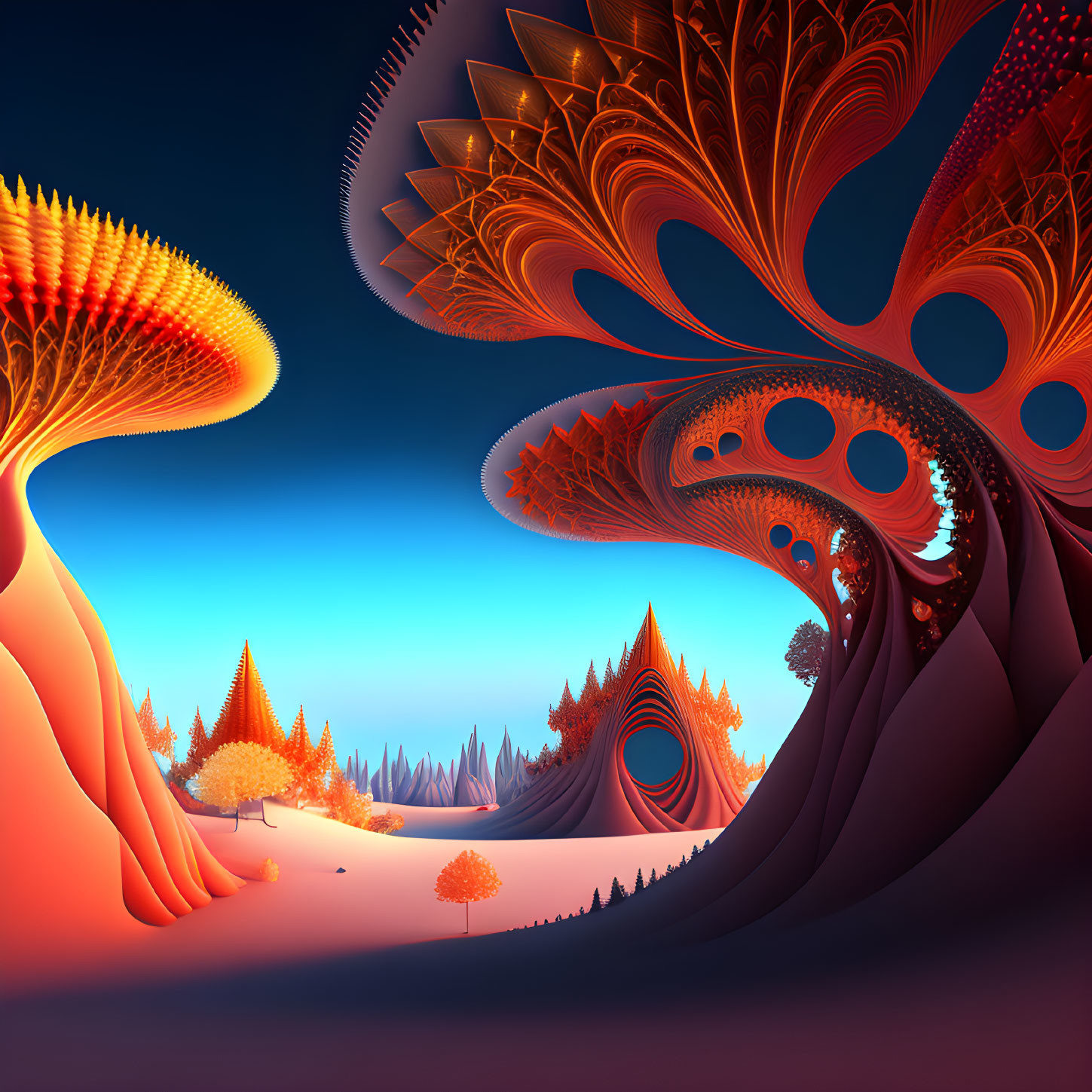 Surreal alien landscape with vibrant fractal trees under orange and blue sky