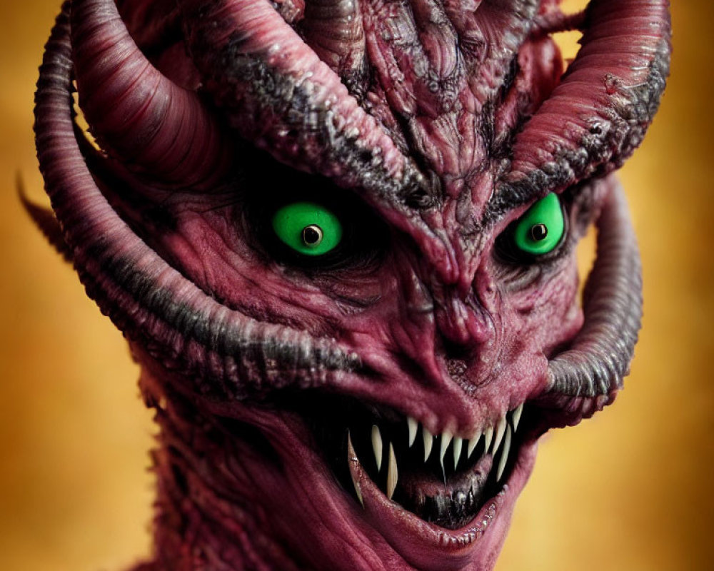 Menacing red creature with green eyes and horns on golden backdrop