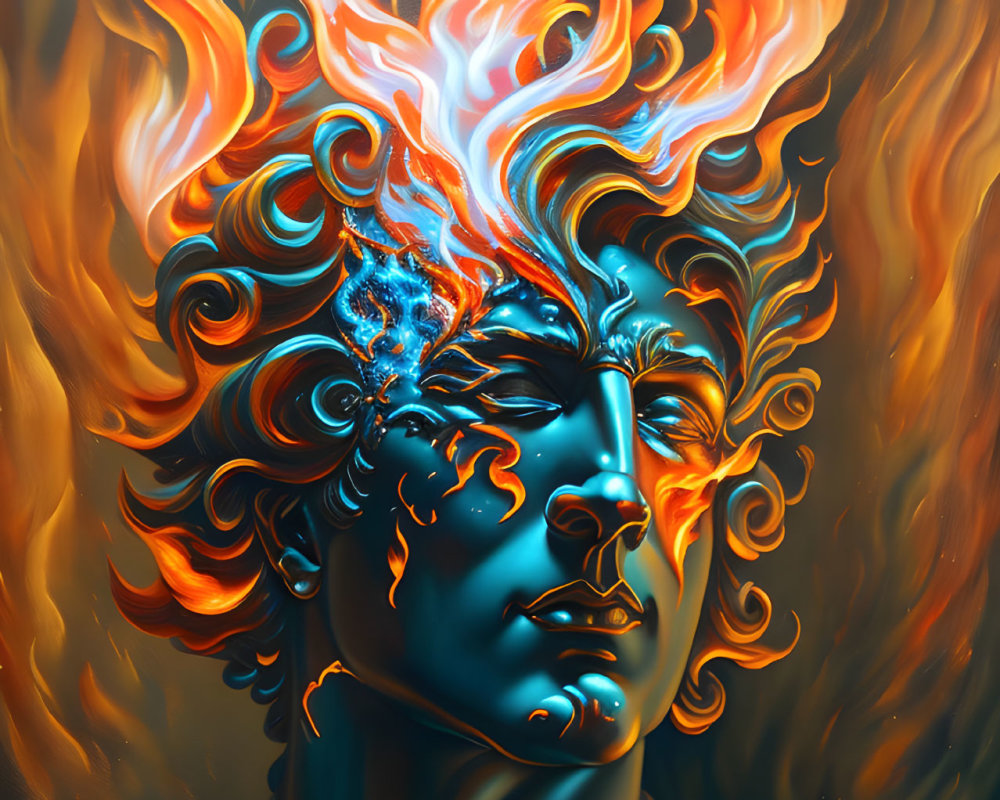 Colorful illustration: Person with fiery flame-like hair and serene blue face.