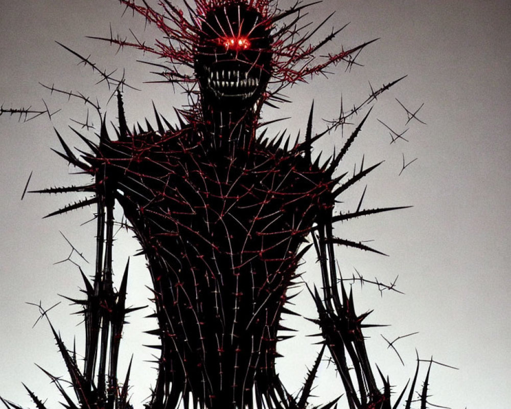 Spiky figure with glowing red eyes in dusky sky