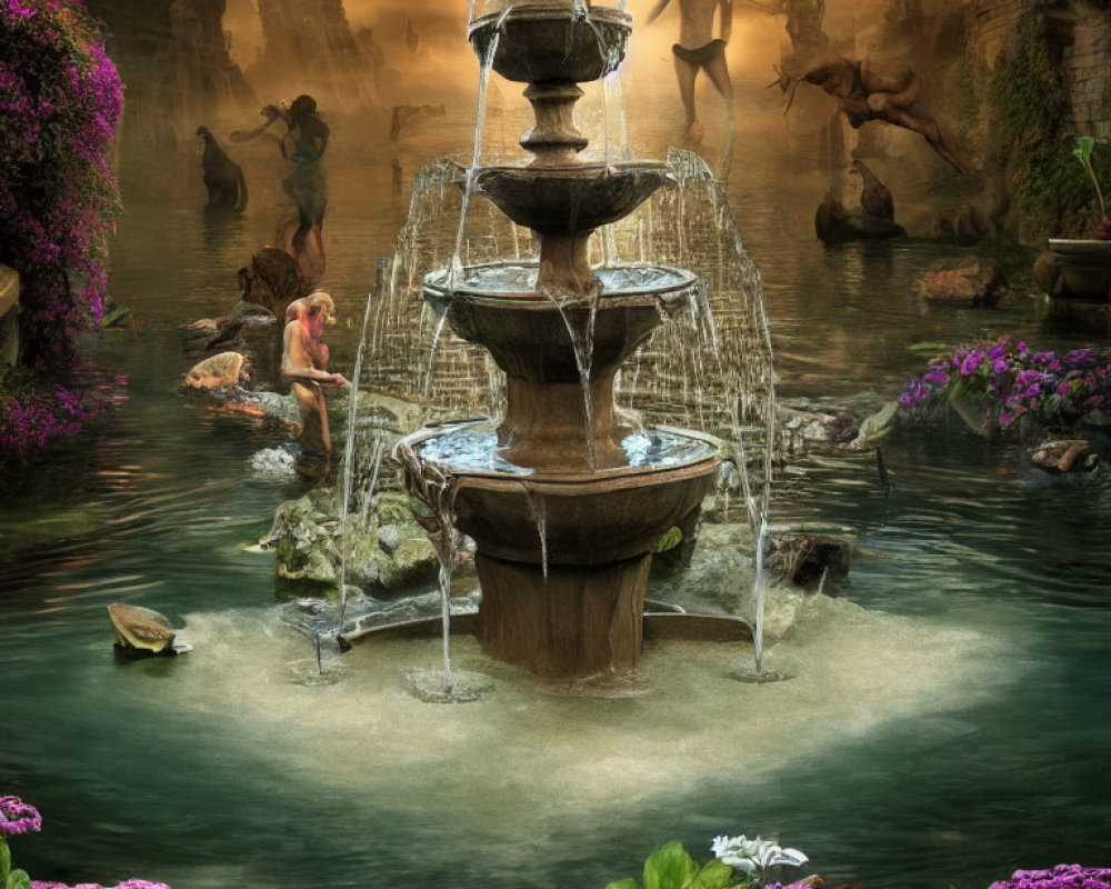 Ethereal garden with multi-tiered fountain and tranquil figures