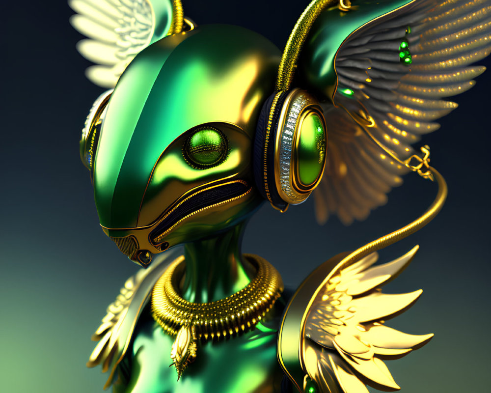 Glossy green and gold robotic bird with mechanical wings.