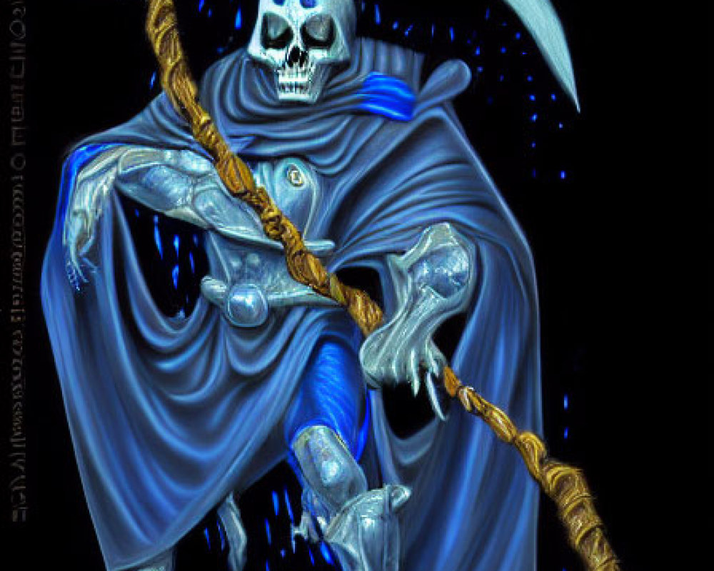 Skeletal figure in blue robe with golden scythe on dark starry backdrop