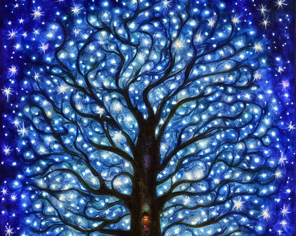 Whimsical tree artwork with swirling branches under starry night sky