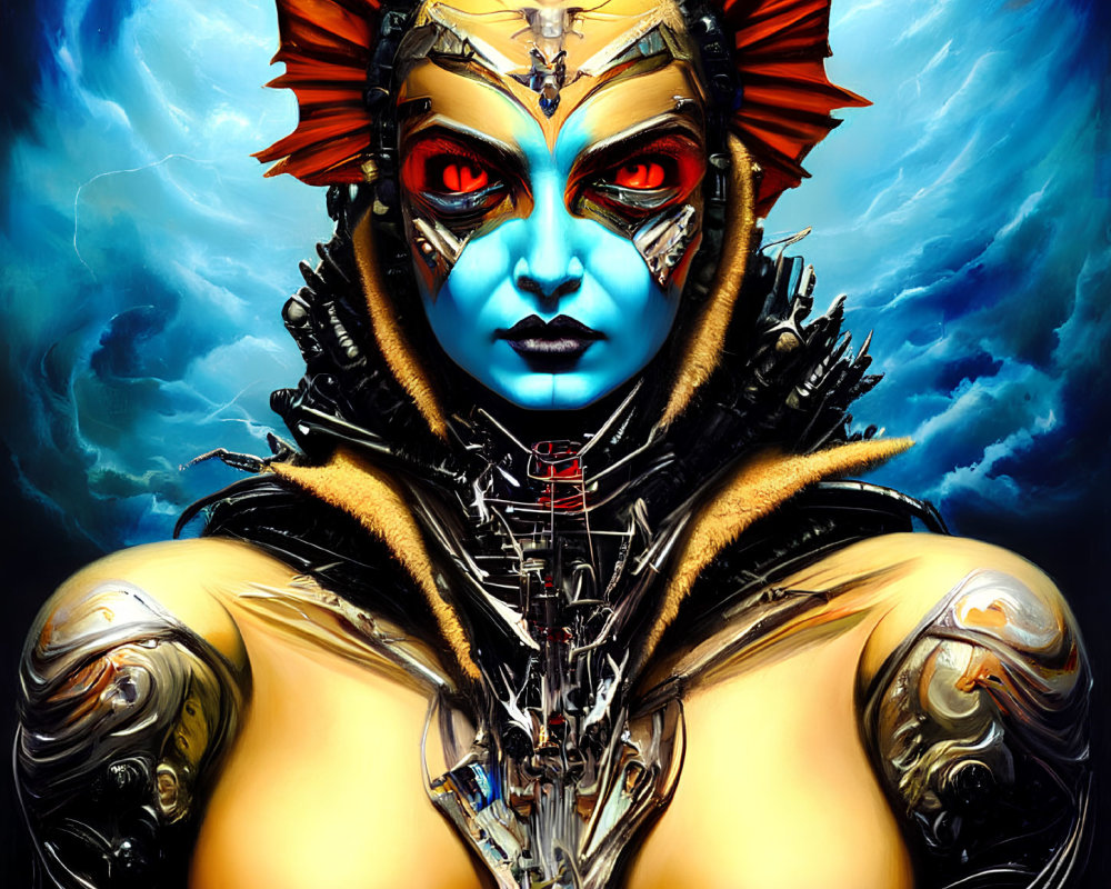 Fantastical female character in gold and silver robotic armor with red eyes on blue cloudy backdrop