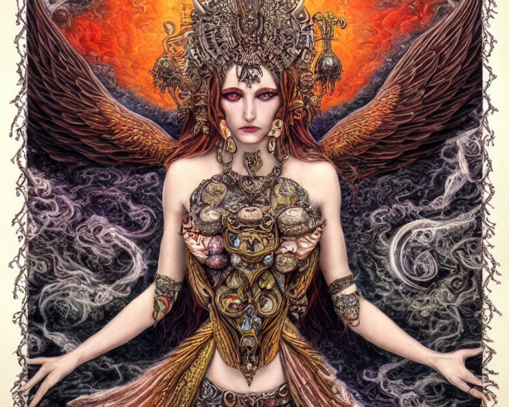 Golden-armored female figure with crown and dark wings on fiery orange background