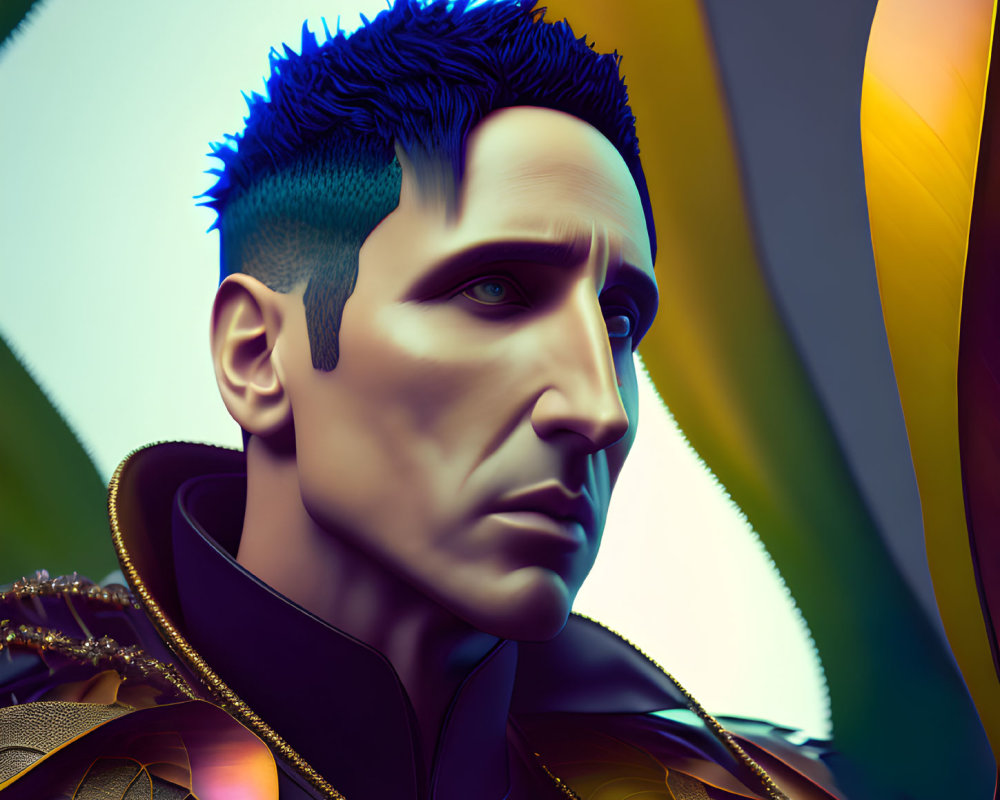 Male figure with blue spiked mohawk in digital artwork against colorful abstract background