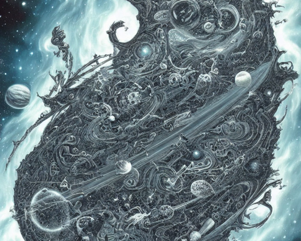Detailed Black and White Cosmic Entity Surrounded by Stars and Planets