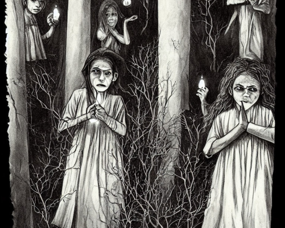 Monochrome illustration of eerie children with lanterns in dark forest