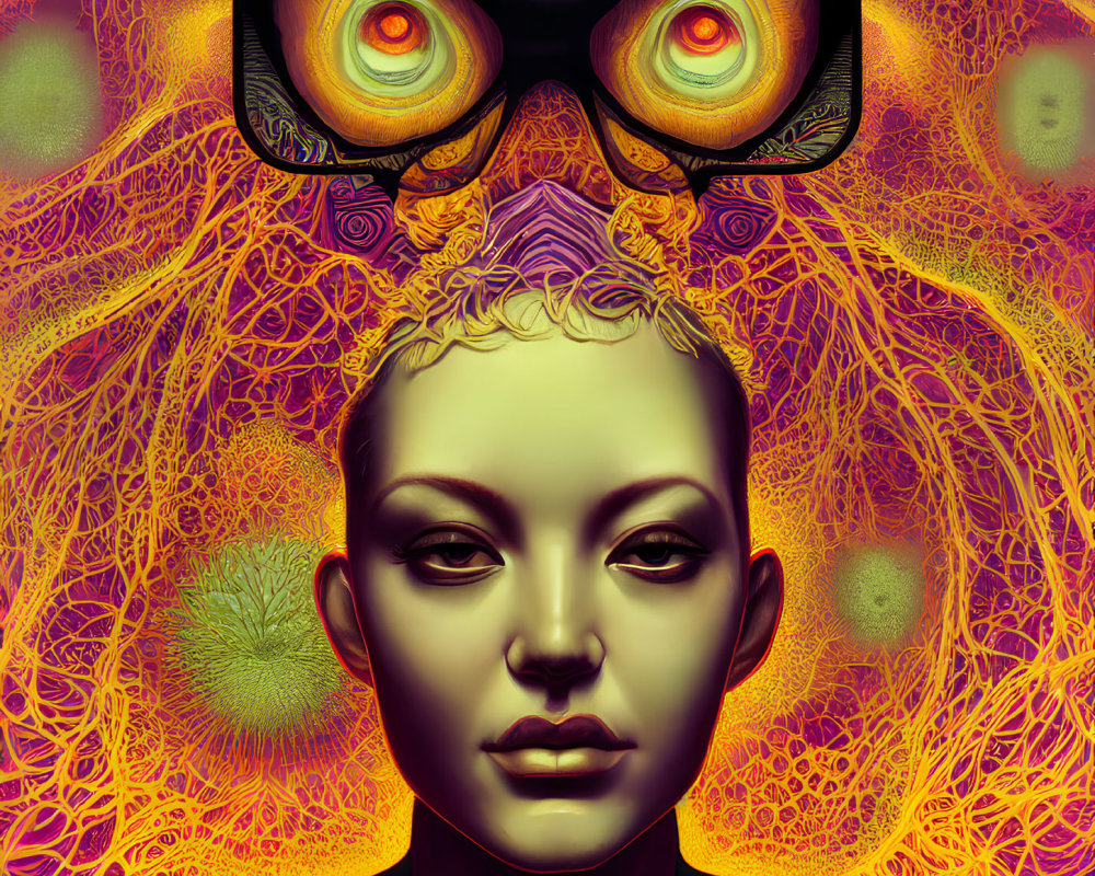Vivid surreal illustration with stylized human face and butterfly above forehead