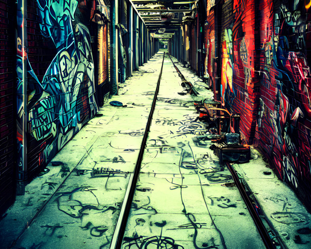 Vibrant graffiti in urban alley with scattered trash and track