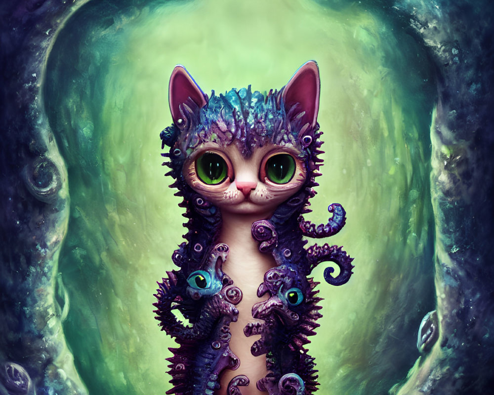 Fantastical kitten-like creature with green eyes and purple tendrils on swirling green backdrop
