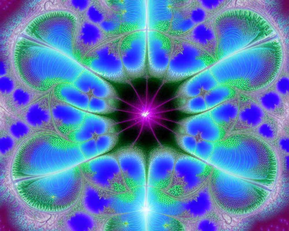 Symmetrical fractal image with vibrant purple, blue, and green hues and a luminous pink center