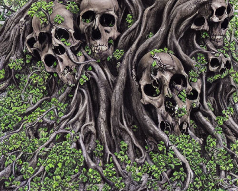 Sinister tree illustration with skull-shaped branches in dense foliage