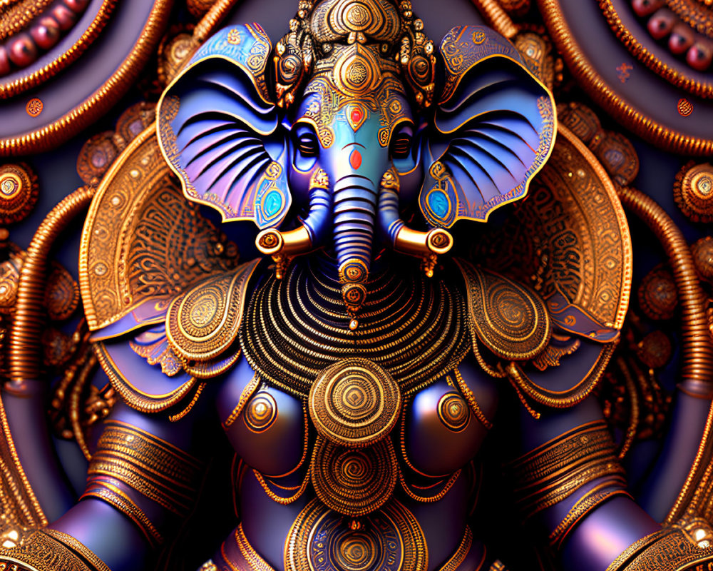 Colorful digital artwork of Hindu deity Ganesha with intricate patterns in blues and golds