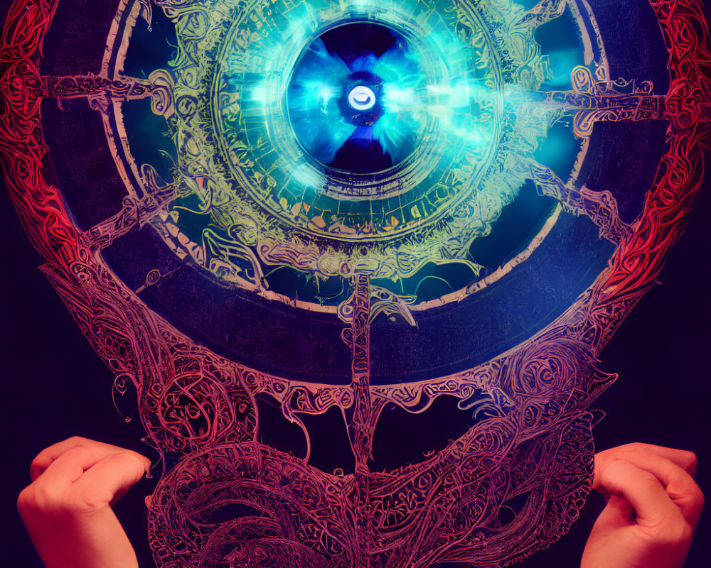 Silhouette with mystical symbols forming glowing blue eye mandala