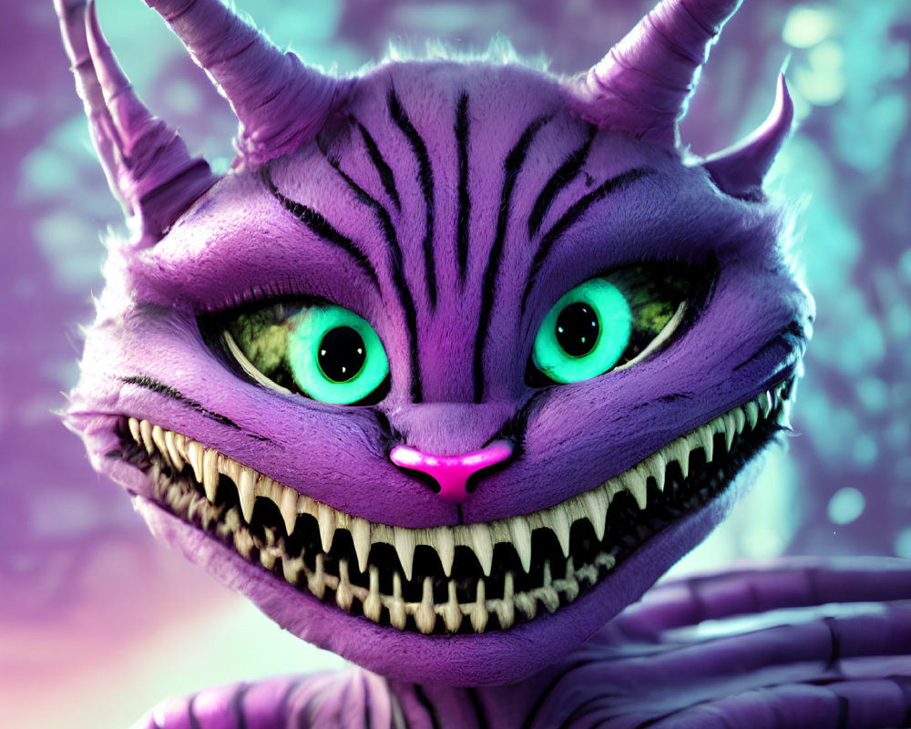 Whimsical Purple Creature with Striped Fur and Green Eyes