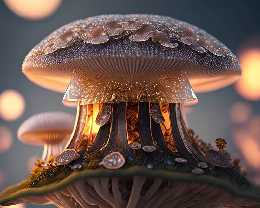 Whimsical oversized mushroom with glowing underbelly amidst smaller mushrooms.
