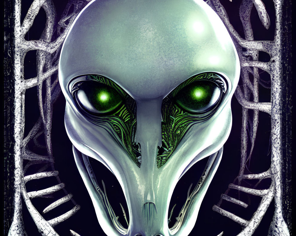 Stylized alien face with green eyes and silver skin in black and white ribcage frame