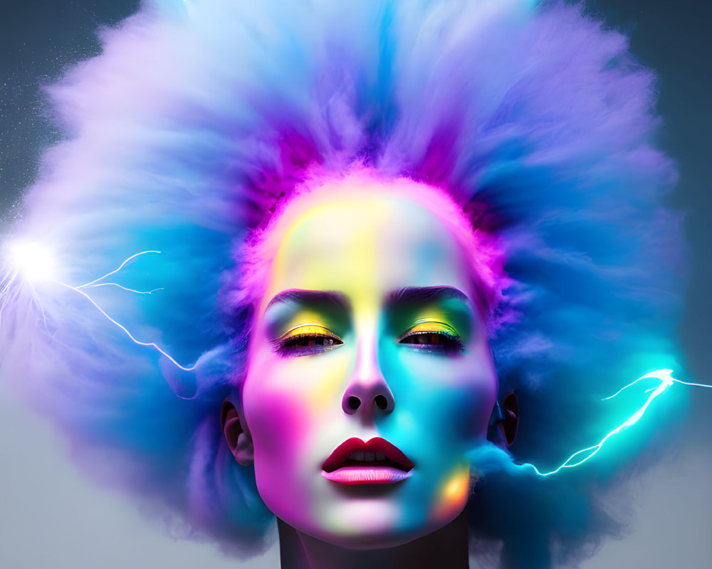 Colorful woman with electric hair and neon makeup on dark background