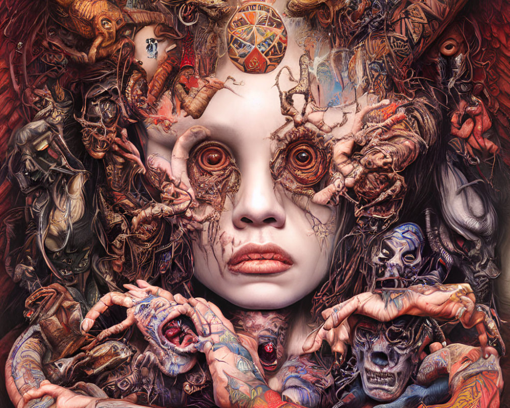 Intricate surreal portrait featuring female face and vibrant, chaotic elements