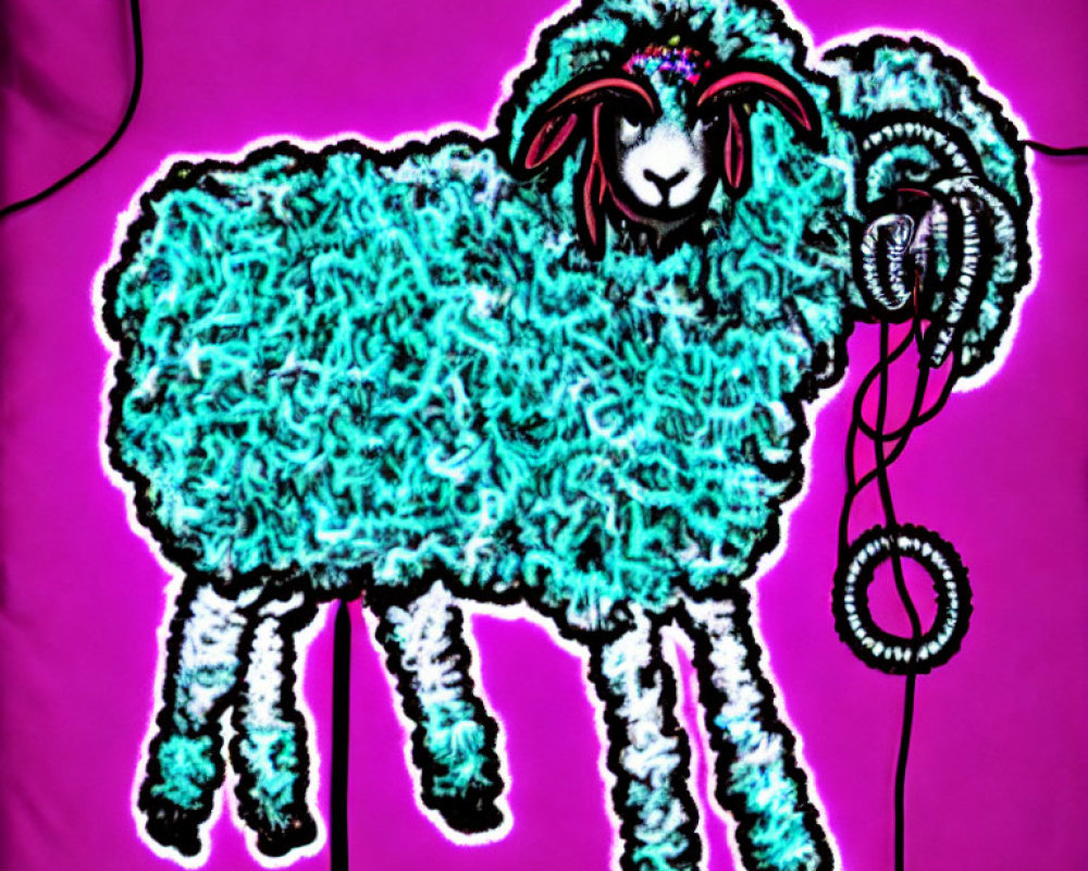 Stylized sheep with blue and white wool on pink background with headphones.