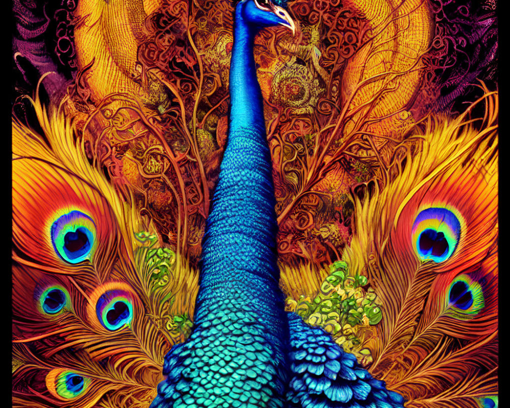 Colorful digital artwork: Peacock with vibrant blues, greens, and gold embellishments