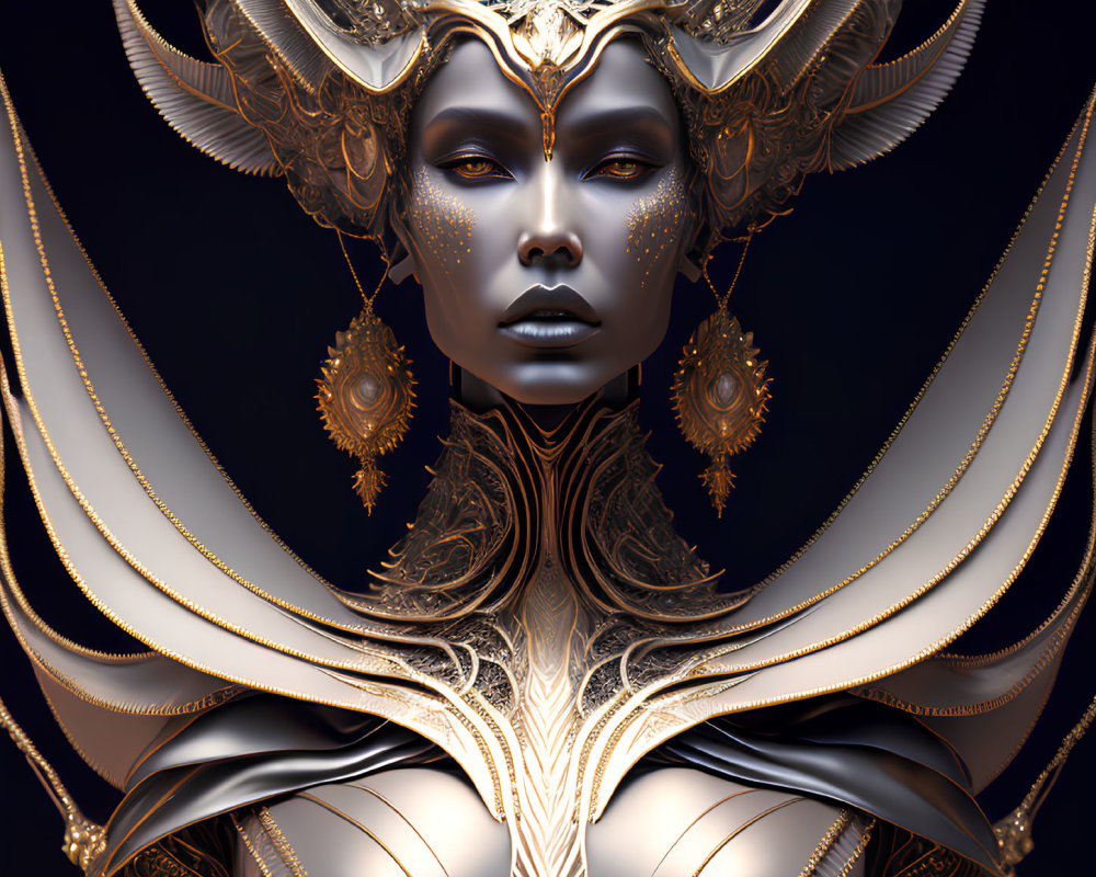 Futuristic digital art of woman in ornate gold and white attire