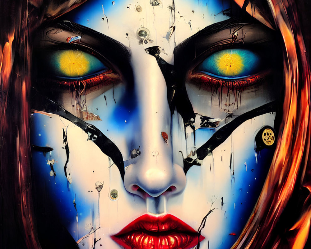 Vibrant surreal painting: Woman's face with melting features & symbolic elements