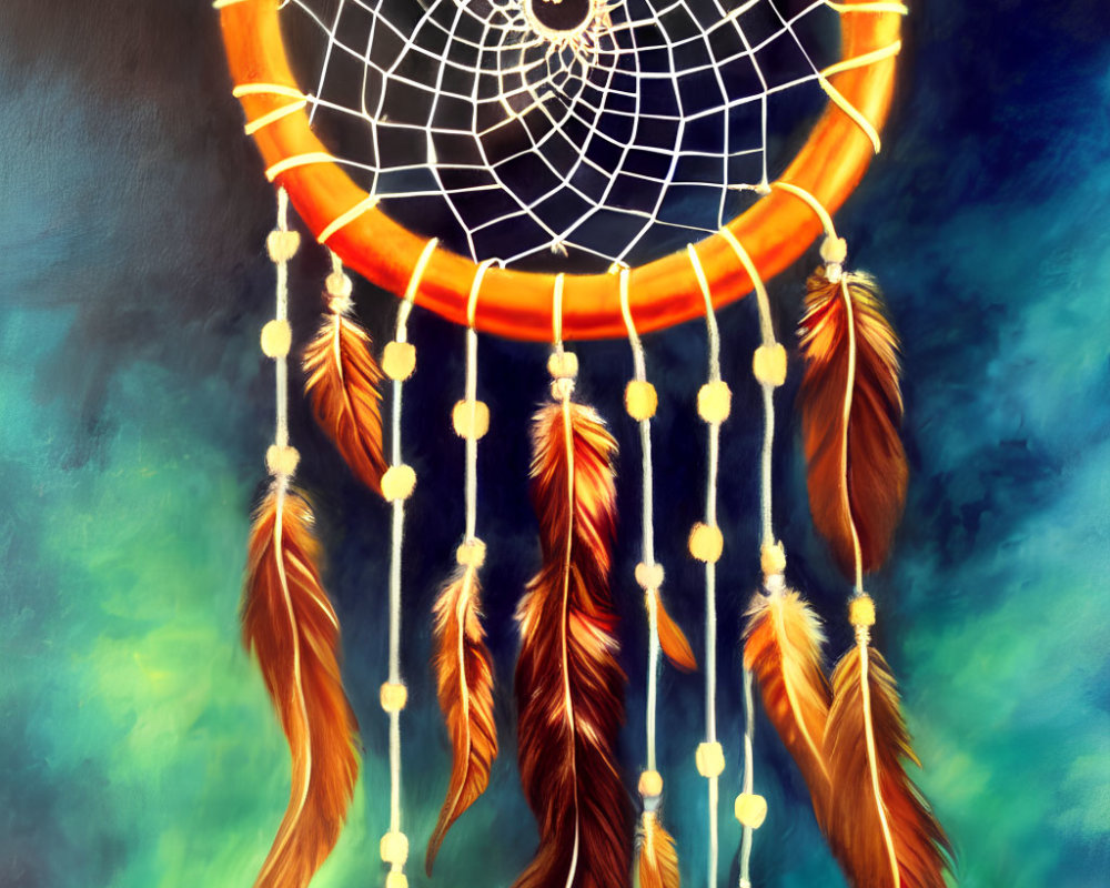 Vibrant dreamcatcher illustration with feathers and beads on blurred background