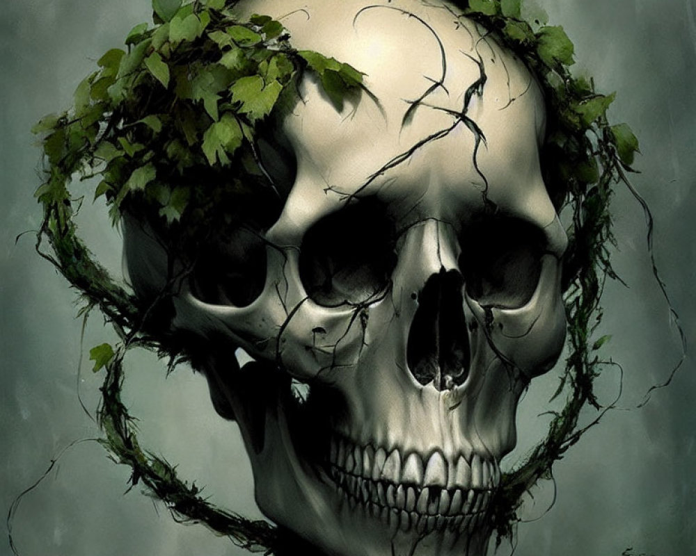 Illustration of human skull intertwined with green ivy