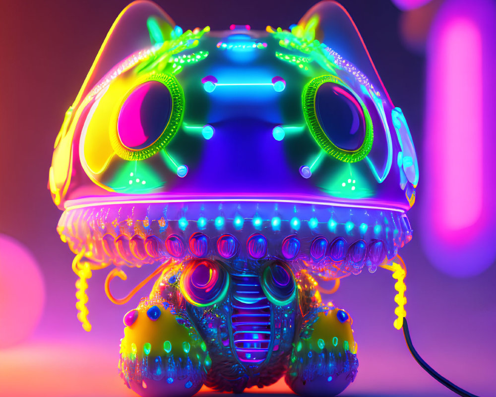 Vibrant digital illustration of stylized robotic toad with neon lights